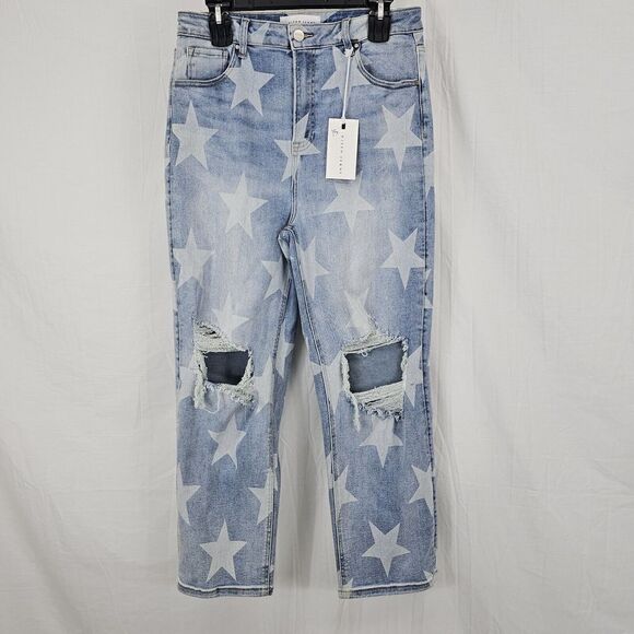 Risen Womens Jeans Size 15 Waist 32 Distressed High Rise Stars Pattern Rdp5186 - Picture 1 of 9